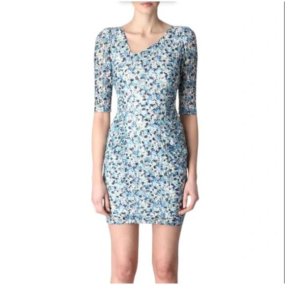Reiss Blue Floral Mesh Lace Asymmetric Neck Rachel Mini Dress Size 2 - Picture 1 of 8